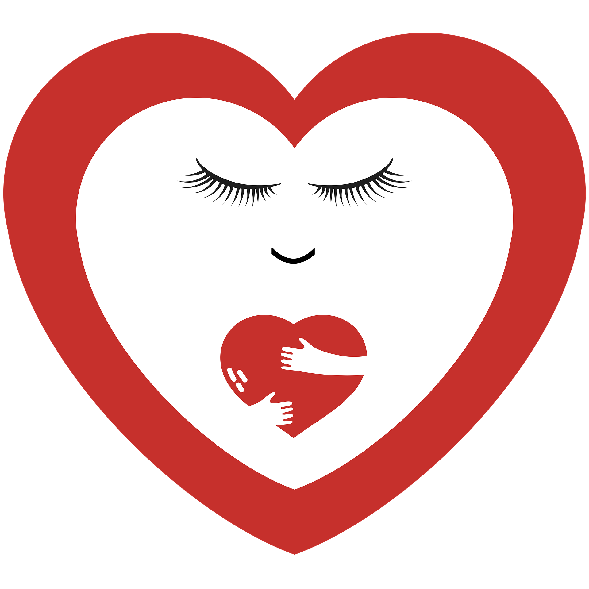 Illustration: Herz mit geschlossenen Augen, das ein kleines Herz umarmt – Symbol für Selbstmitgefühl