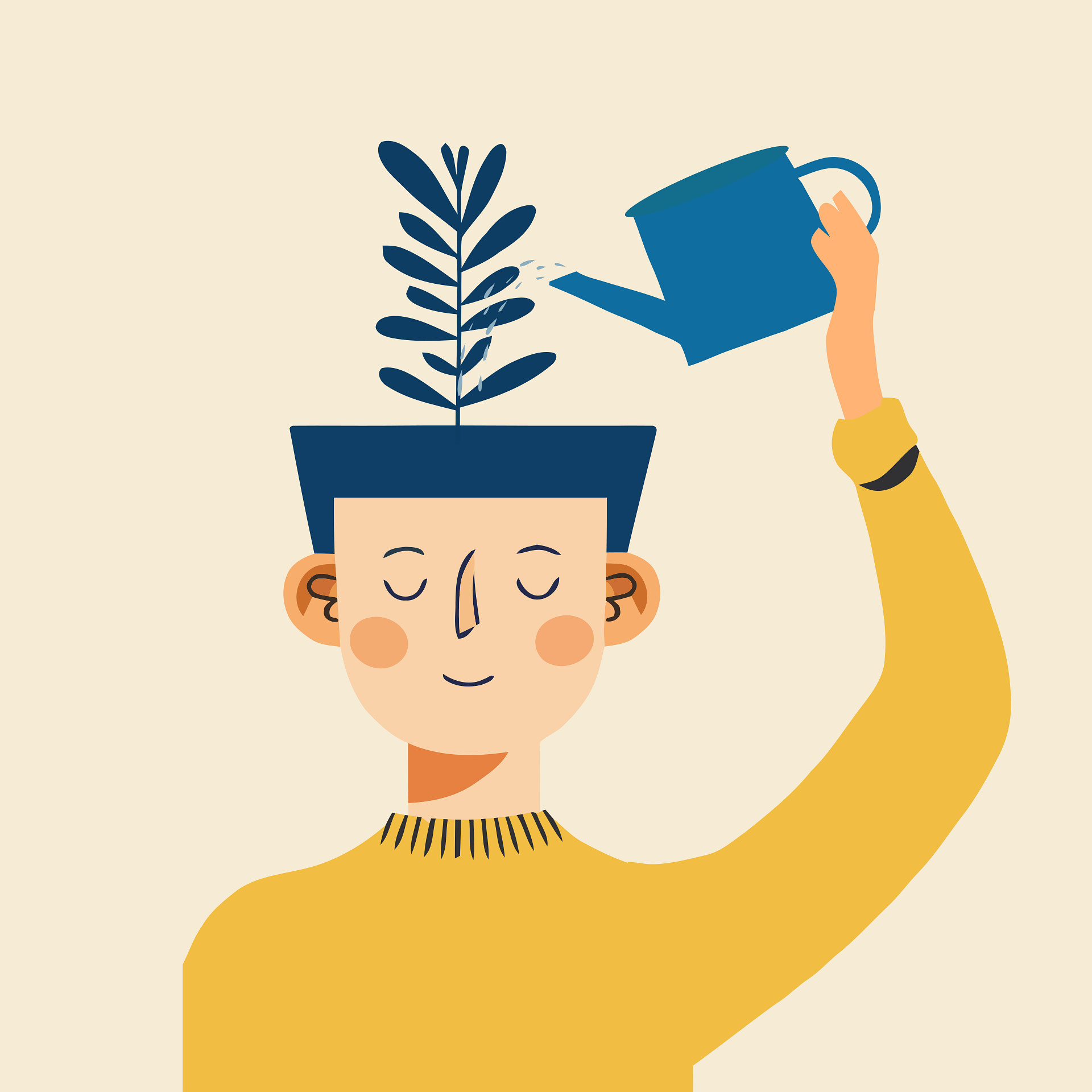 Illustration: Person gießt eine Pflanze, die aus ihrem Kopf wächst – Symbol für Achtsamkeit als Selbstfürsorge
