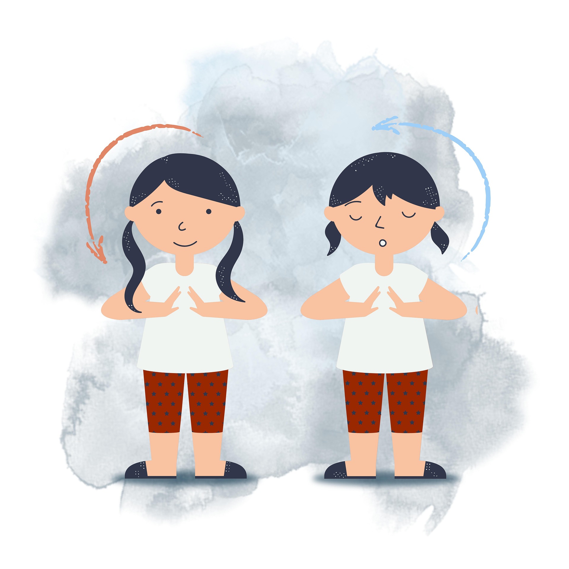 Illustration: zwei Figuren stehen sich mit gefalteten Händen gegenüber – Verbindung und Begegnung